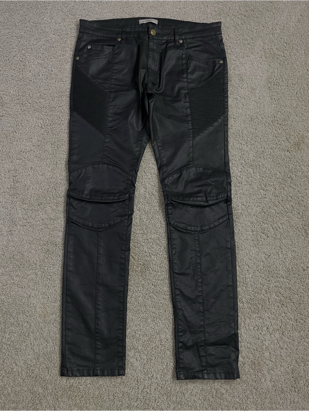 Men's PIERRE BALMAIN Black Waxed SKINNY BIKER Moto DESIGNER Pants JEANS 34